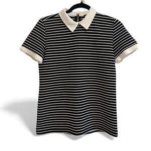 Karl Lagerfeld Monochrome Striped Top with White Collar. Size XS